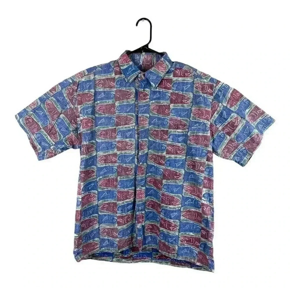 Vintage Kahala Hawaiian Shirt Mens L Blue Red Fish Handcrafted Hawaii - Picture 1 of 11